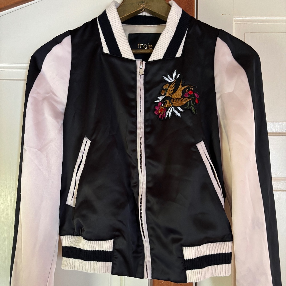 Maje satin bomber jacket with appliqué size 36 FR